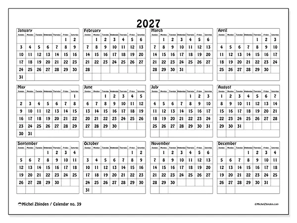 Printable Annual calendar 2027 - School and studies - Week: Sunday to Saturday