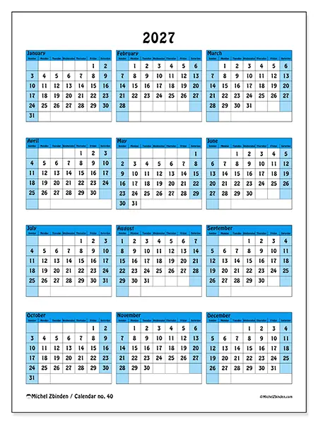 Printable Annual calendar 2027 - Colorful organization - Week: Sunday to Saturday