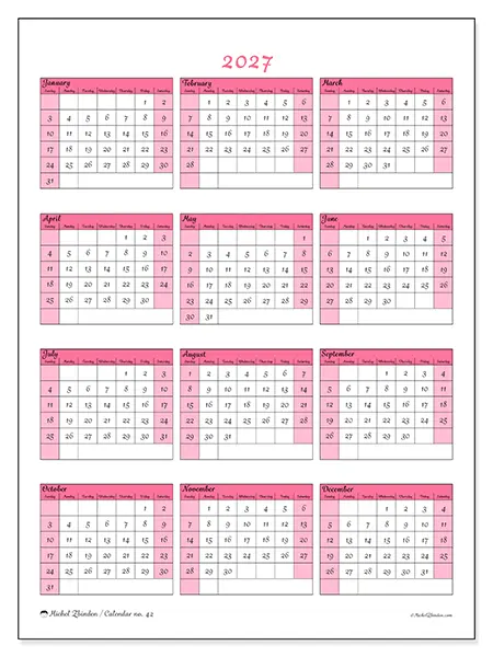 Printable Annual calendar 2027 - Soft elegance - Week: Sunday to Saturday