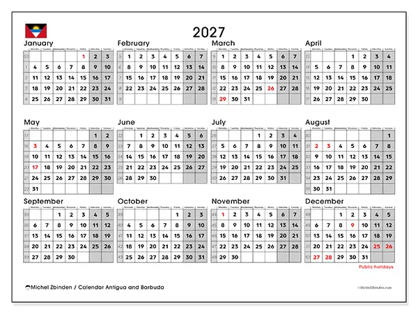 Printable Annual calendar 2027 - Antigua and Barbuda