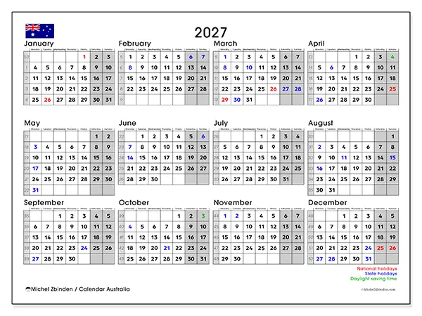 Printable Annual calendar 2027 - Australia