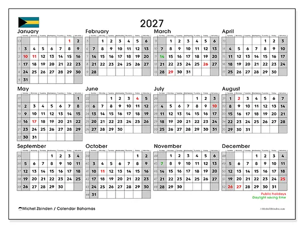 Printable Annual calendar 2027 - Bahamas