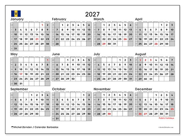 Printable Annual calendar 2027 - Barbados
