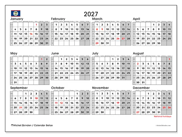 Printable Annual calendar 2027 - Belize