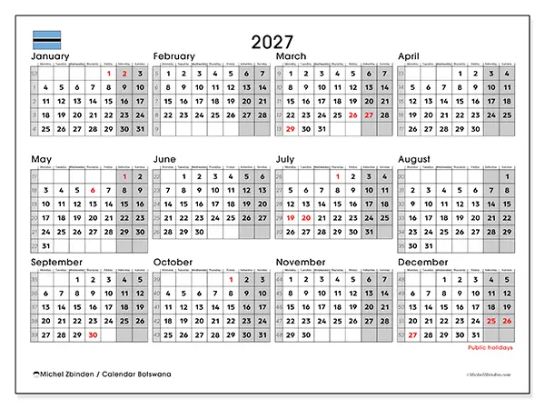 Printable Annual calendar 2027 - Botswana