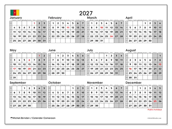 Printable Annual calendar 2027 - Cameroon