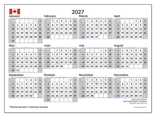 Printable Annual calendar 2027 - Canada