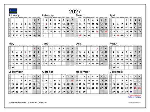 Printable Annual calendar 2027 - Curaçao