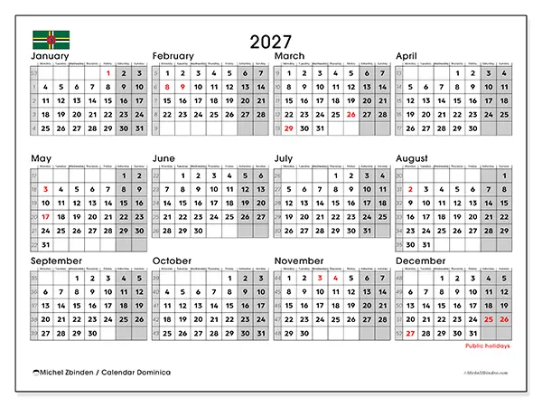 Printable Annual calendar 2027 - Dominica
