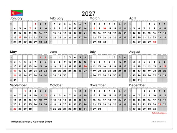 Printable Annual calendar 2027 - Eritrea