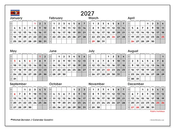 Printable Annual calendar 2027 - Eswatini