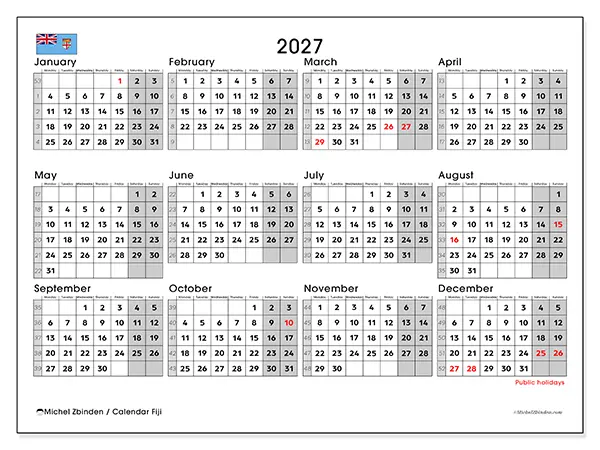 Printable Annual calendar 2027 - Fiji