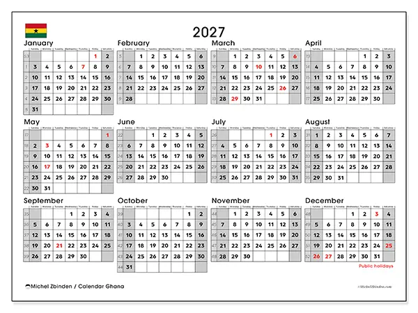 Printable Annual calendar 2027 - Ghana