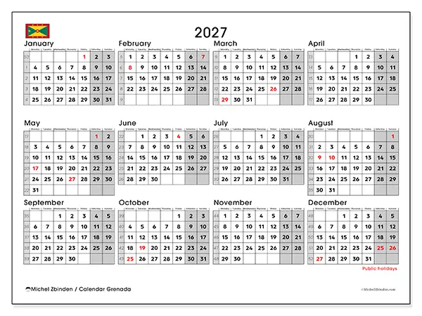 Printable Annual calendar 2027 - Grenada