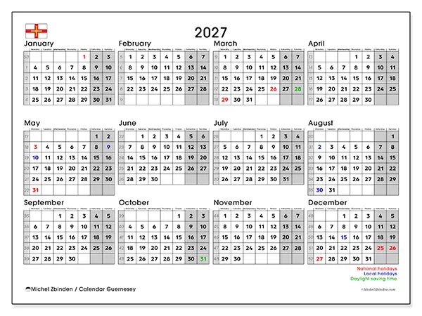 Printable Annual calendar 2027 - Guernsey