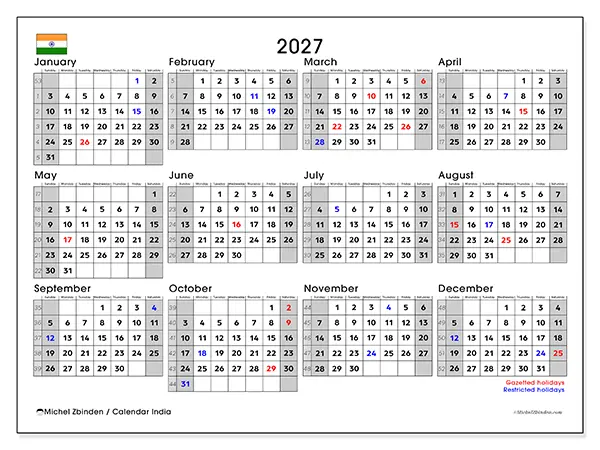Printable Annual calendar 2027 - India