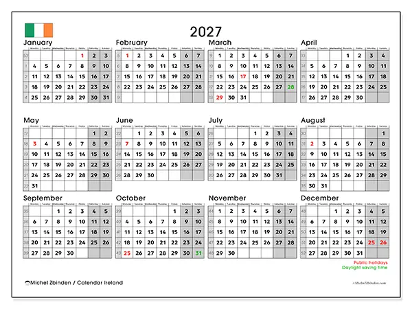 Printable Annual calendar 2027 - Ireland