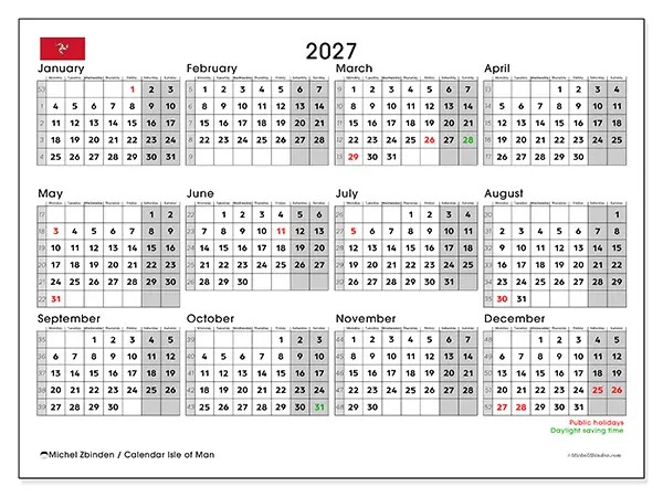 Printable Annual calendar 2027 - Isle of Man