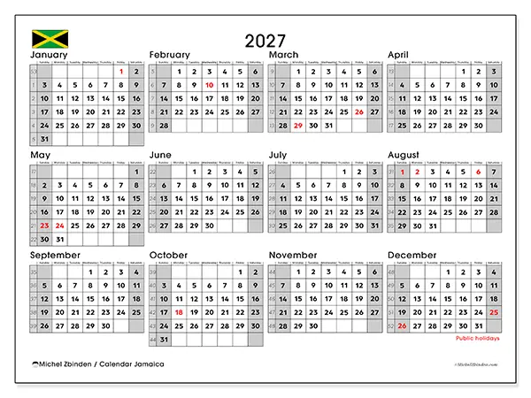 Printable Annual calendar 2027 - Jamaica