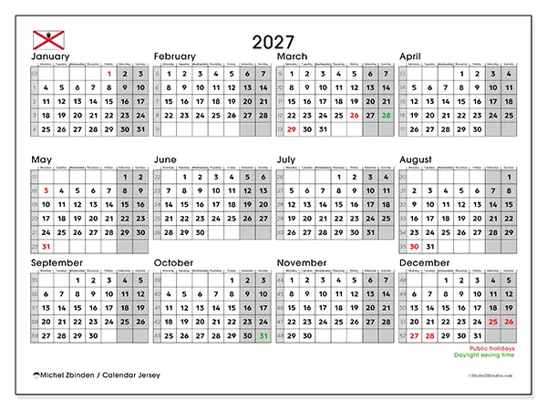 Printable Annual calendar 2027 - Jersey