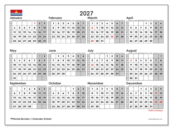 Printable Annual calendar 2027 - Kiribati