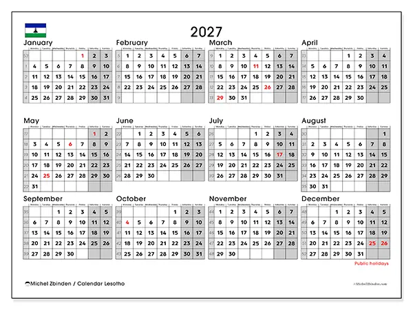Printable Annual calendar 2027 - Lesotho