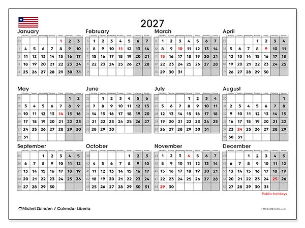 Printable Annual calendar 2027 - Liberia