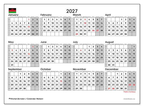 Printable Annual calendar 2027 - Malawi