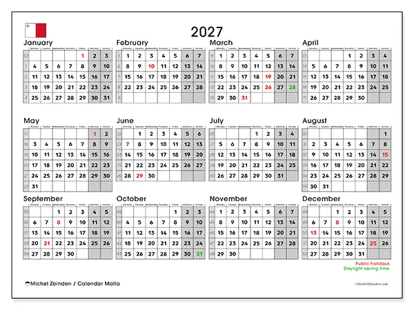 Printable Annual calendar 2027 - Malta