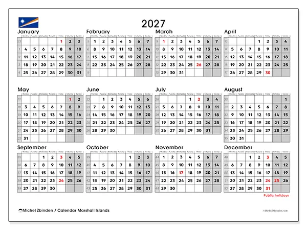 Printable Annual calendar 2027 - Marshall Islands