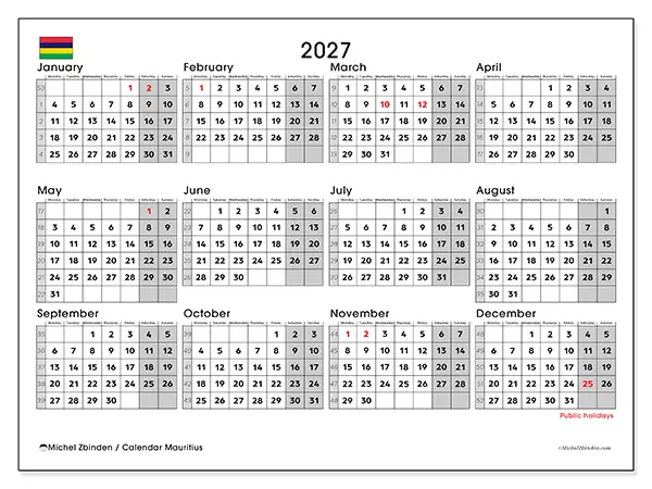 Printable Annual calendar 2027 - Mauritius