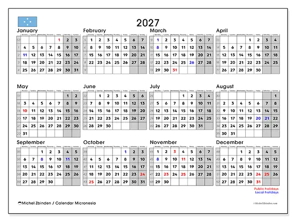 Printable Annual calendar 2027 - Micronesia