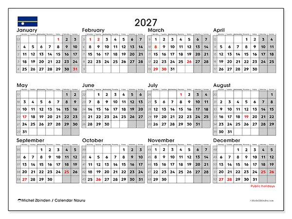 Printable Annual calendar 2027 - Nauru