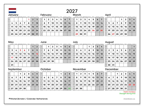 Printable Annual calendar 2027 - Netherlands