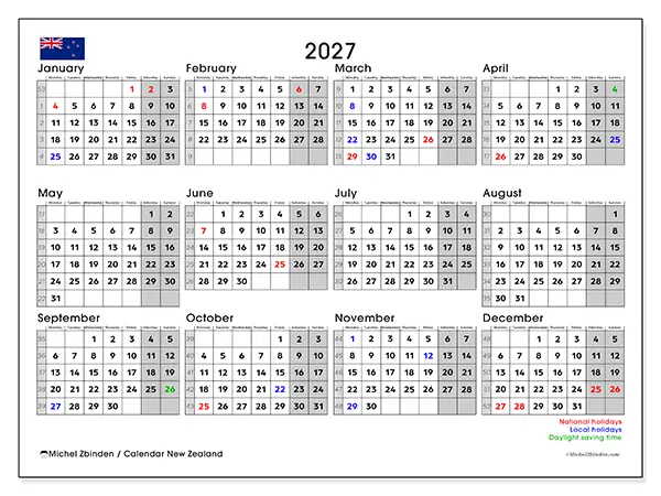 Printable Annual calendar 2027 - New Zealand