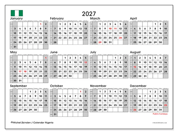 Printable Annual calendar 2027 - Nigeria
