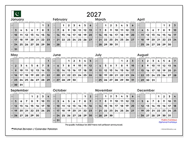 Printable Annual calendar 2027 - Pakistan