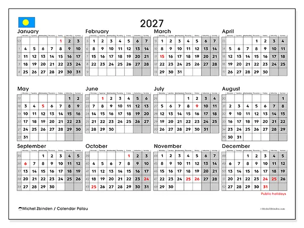 Printable Annual calendar 2027 - Palau