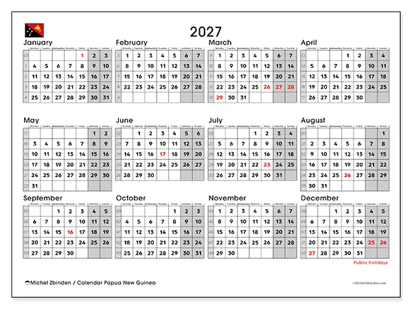 Printable Annual calendar 2027 - Papua New Guinea