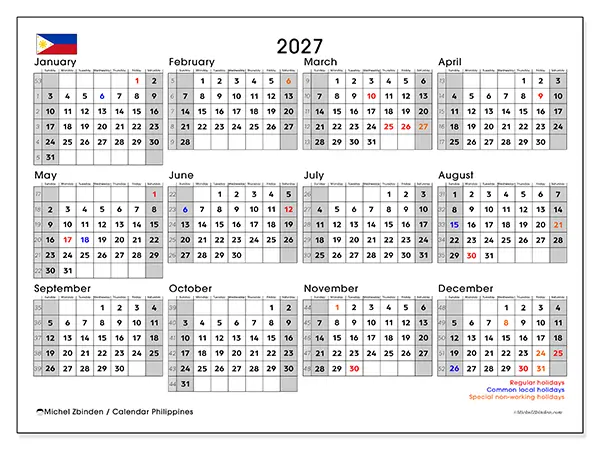 Printable Annual calendar 2027 - Philippines