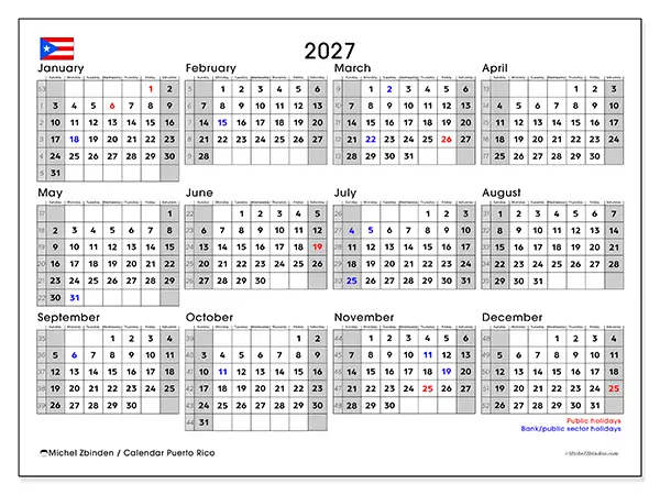 Printable Annual calendar 2027 - Puerto Rico