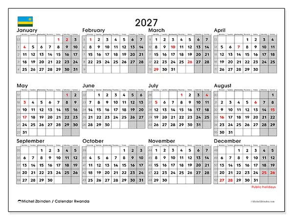 Printable Annual calendar 2027 - Rwanda