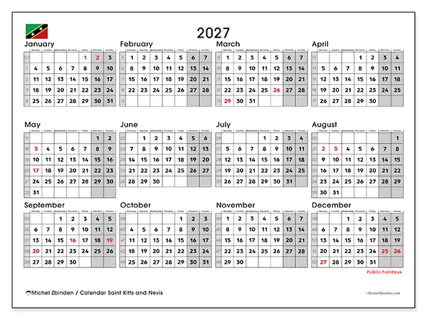 Printable Annual calendar 2027 - Saint Kitts and Nevis