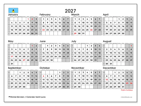 Printable Annual calendar 2027 - Saint Lucia