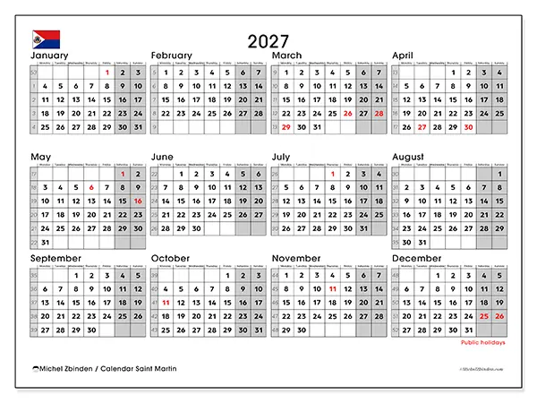 Printable Annual calendar 2027 - Saint Martin