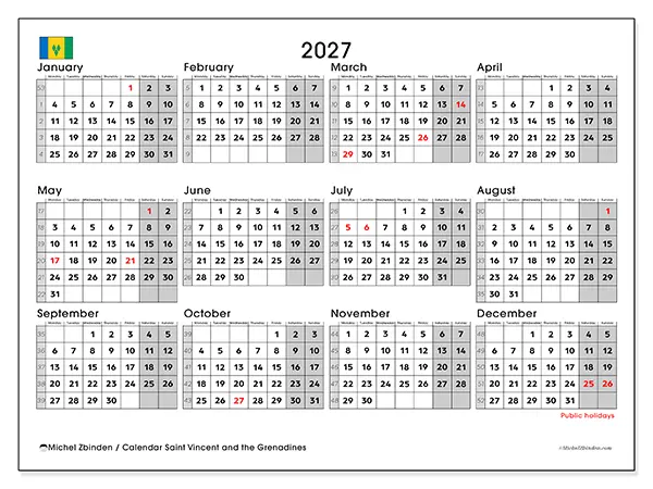 Printable Annual calendar 2027 - Saint Vincent and the Grenadines