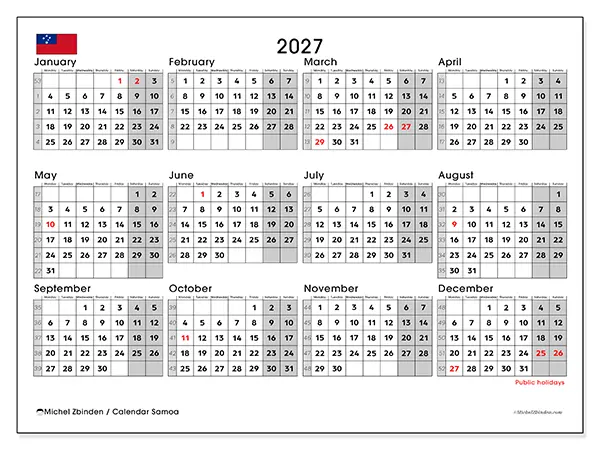 Printable Annual calendar 2027 - Samoa