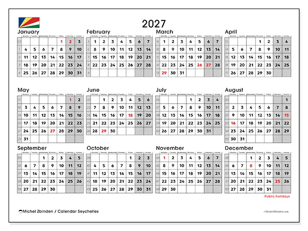 Printable Annual calendar 2027 - Seychelles