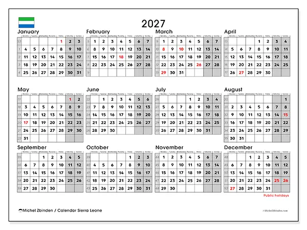 Printable Annual calendar 2027 - Sierra Leone