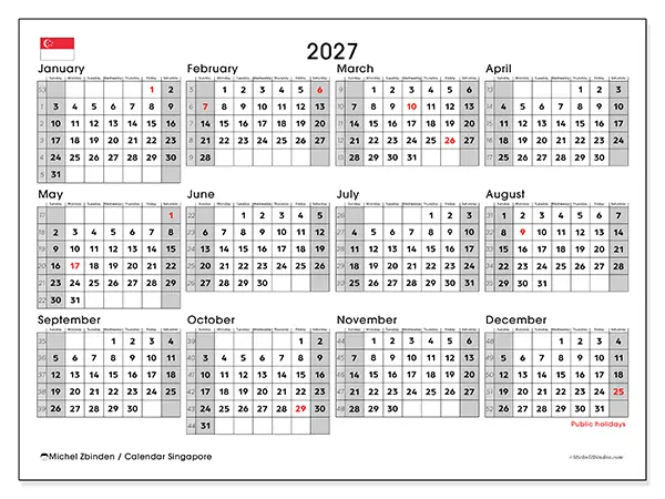 Printable Annual calendar 2027 - Singapore